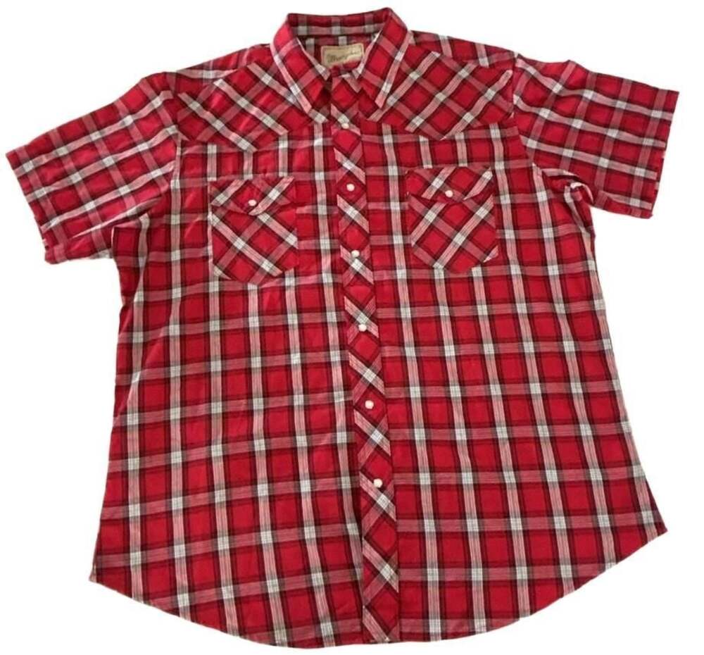 Wrangler Men Red Plaid Short Sleeve Pearl Snap Western Shirt